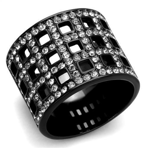 JCE2155 IP Black(Ion Plating) Stainless Steel Ring with Top Grade Crystal  in Black Diamond