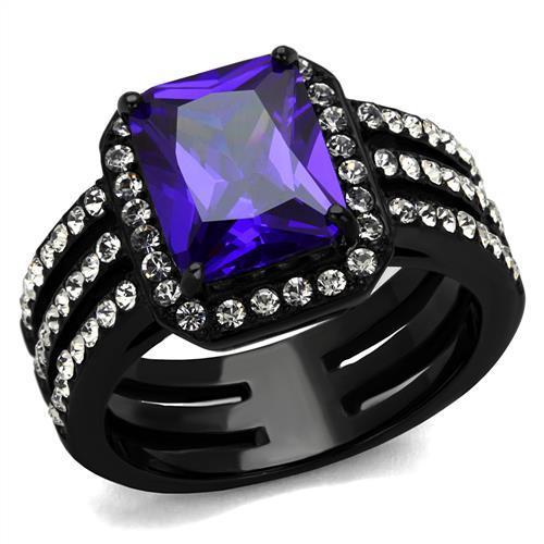 JCE2486 IP Black(Ion Plating) Stainless Steel Ring with AAA Grade CZ  in Tanzanite